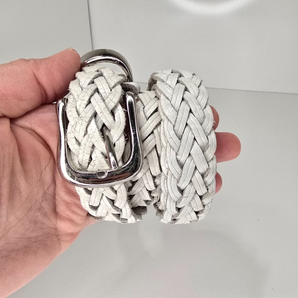 Women's White Distressed Cracked Leather Thin Skinny Woven Boho Belt